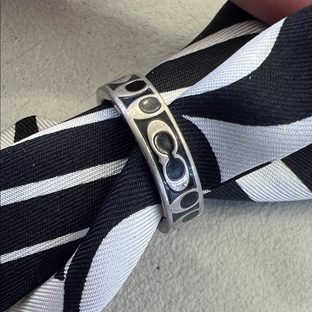Coach Silver enamel Ring with Black Accents